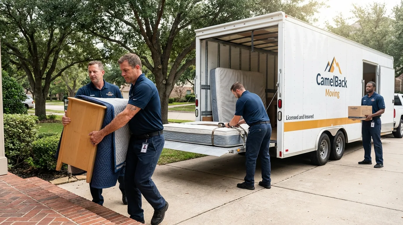 Crew loading residential truck for cross-state move from Lavon, TX