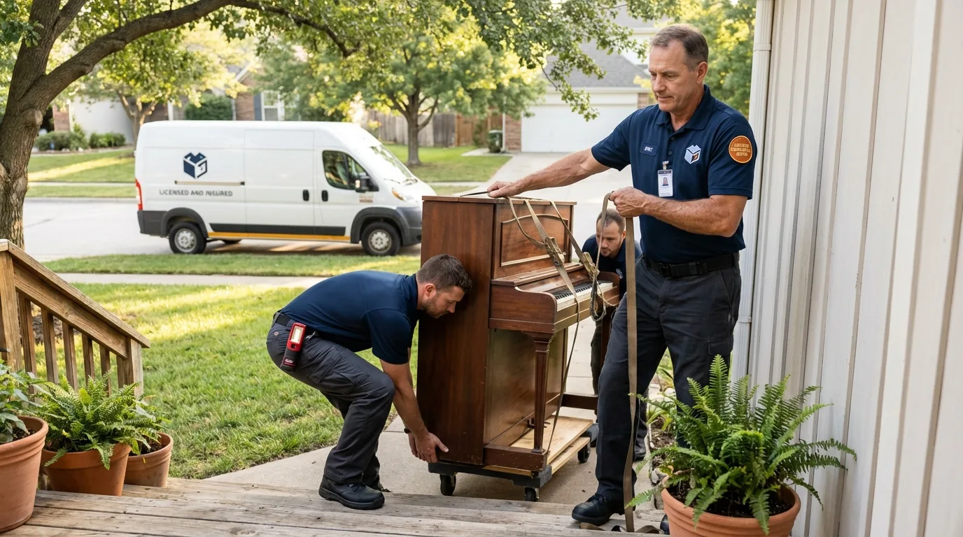 Licensed piano movers securing grand piano in Lavon, TX
