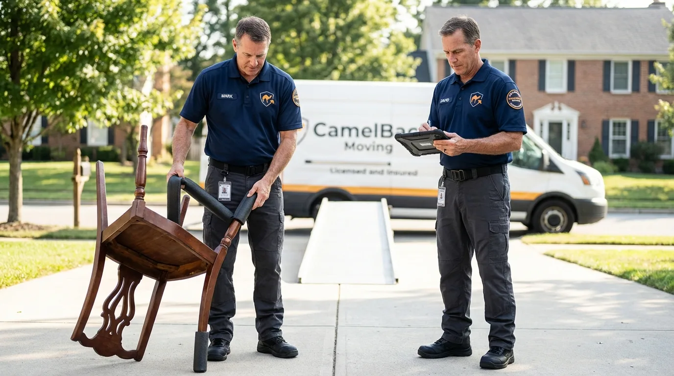 Movers inspecting furniture for damage prevention before loading in Lavon, TX