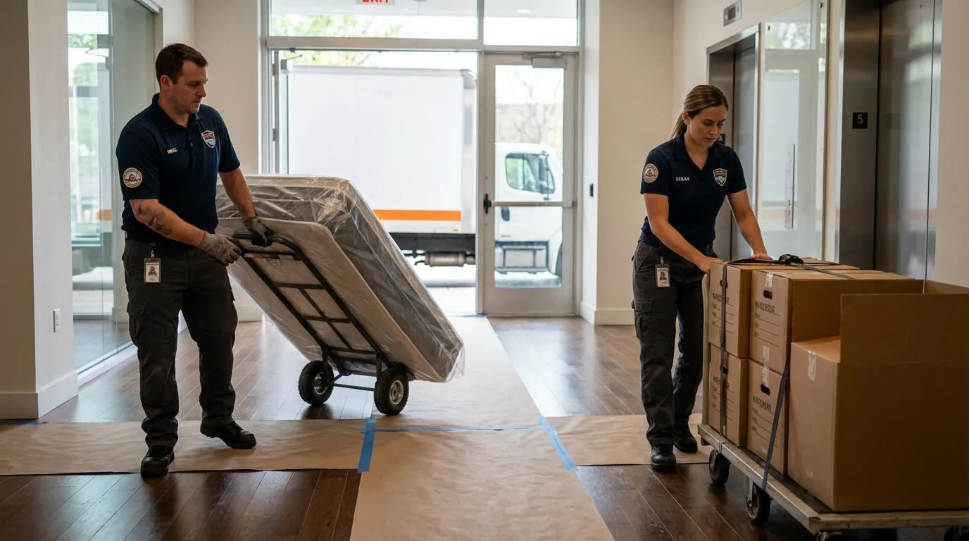 Professional apartment movers loading elevator in Lavon, TX