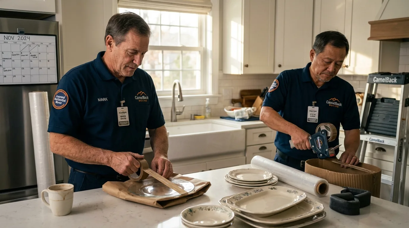 Professional crew packing kitchen dishware in Lavon, TX